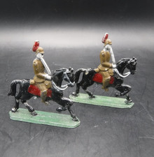 Lot of 2 Vintage Cast Lead Soldiers Horse Mounted Semi Flat Hand Painted Cavalry