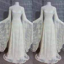 Vintage Celtic Wedding Dresses Flared Long Sleeve Full Length Corset Bridal Gown
