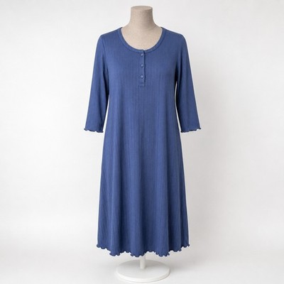 Lands End Womens Ribbed Henley Nightgown Size M Blue 3/4 Sleeve Comfort Pajamas