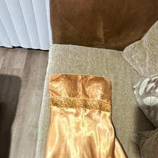 Cache Gold Satin Strapless Sweetheart Beaded Lace-Up Back Long Dress 8