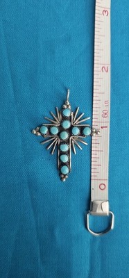Vintage Zuni Sterling Silver Turquoise Cross Pendant Sunburst Rays Signed 1.75''