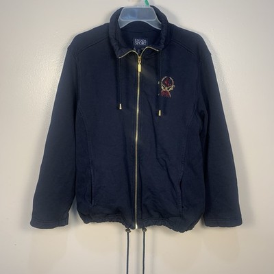 Escada Sport Front Zipper Logo Embroidered Sweatshirt Jacket Drawstring Navy M