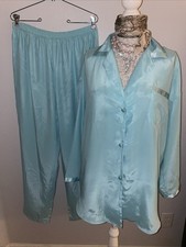 Victoria's Secret L Reverse Satin Pajama Set PJ Bottom Pants/tunic Top Aqua VTG
