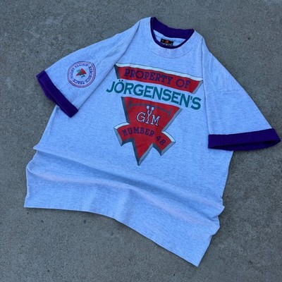 SIGNAL SPORTS | Mens T-Shirt XL Grey Purple Vintage 1992 Jorgensen's Gym Retro