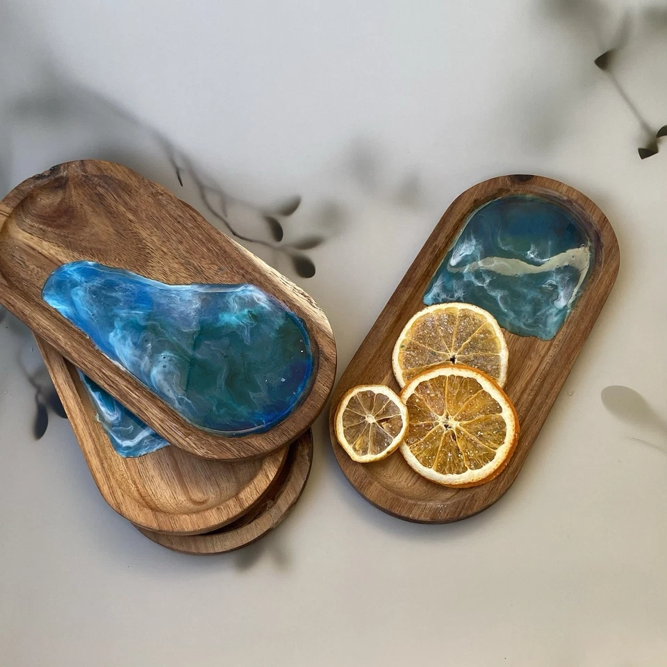 Ocean Resin Serving Trays Set 4 – Acacia Wood Snack Plates Handmade - Bild 3 von 4