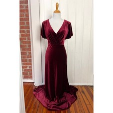 Jenny Yoo Ellis Dark Berry Velvet Gown Flutter Sleeve Open Back Stretch Dress 10