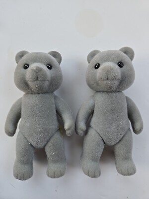 Vintage 1980s Calico Critters Gray Bear Mom Dad Set Flocked Sylvanian Family