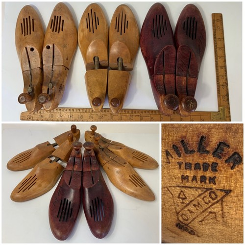 (3) Pairs Vintage Wooden Hinged Adjustable Shoe Trees Marked 10-1 & 10-2 MILLER