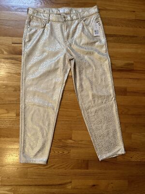 Time and Tru  Women Sz 16 Metallic Gold Print Cargo Mid Rise Straight Pants ARC