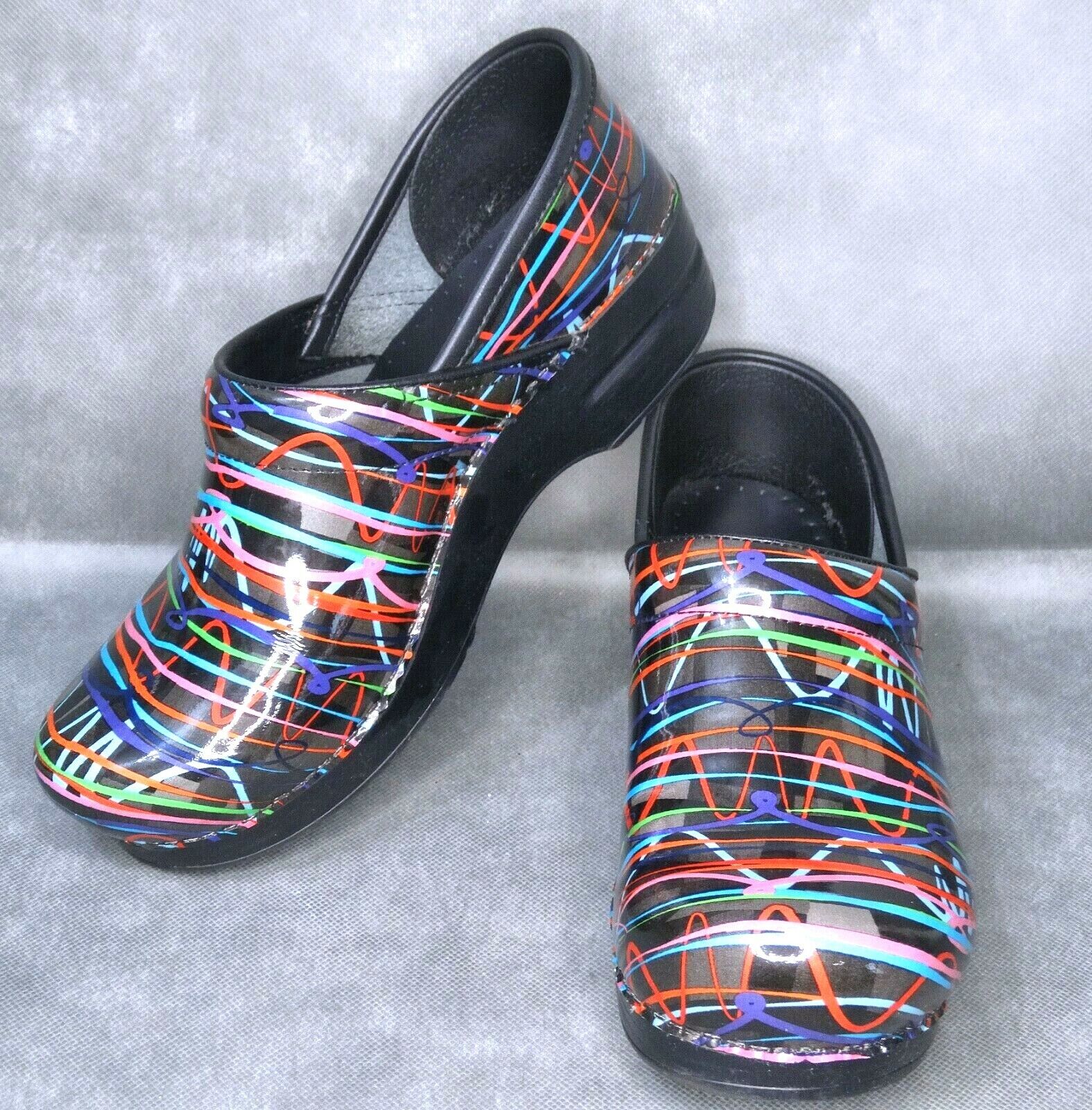 Dansko 39 Womens Professional Clogs Multicolor Colorful Streamers Patent  Leather