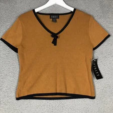 NEW Finity Women's Large Blouse Crop Y2K Bow Stretch Short Sleeves V-Neck Brown