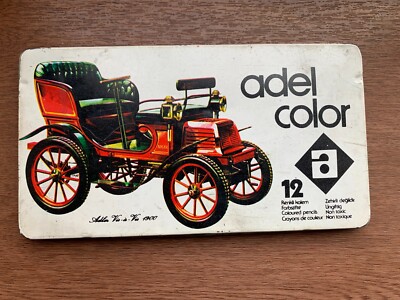 Adel Color Vintage pen case old metal pencil box. Retro car Adler Vis-a-Vis 1900