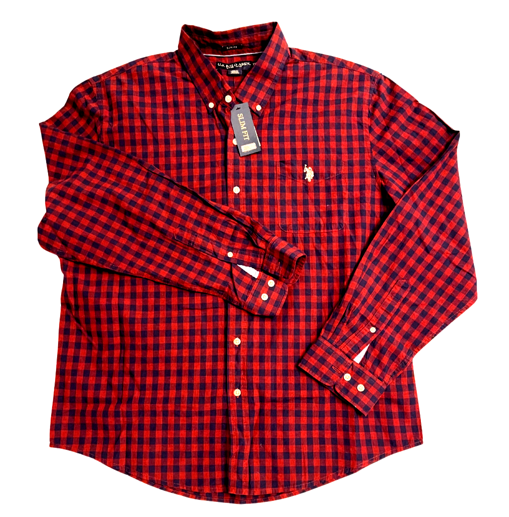 NWT US POLO ASSN SHIRT MENS PLAID RED BLUE BUTTON DOWN LONG SLEEVE SLIM FIT  XXL