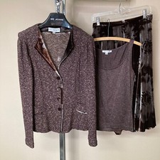 St John Evening Size 8 Santana Knit Velvet 3 Piece Skirt Set Brown Gold Floral