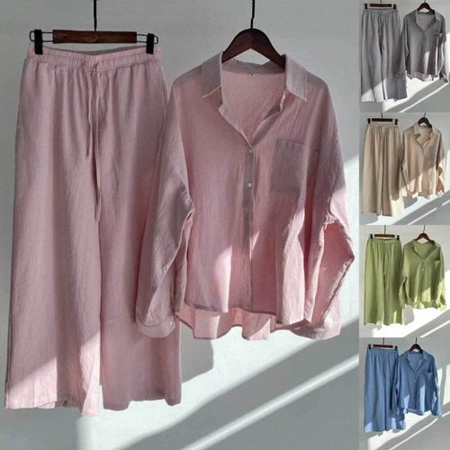 Women 2Pcs Cotton Linen Summer Blouse T Shirt Loose Pants Loungewear Outfit Set - Picture 2 of 40