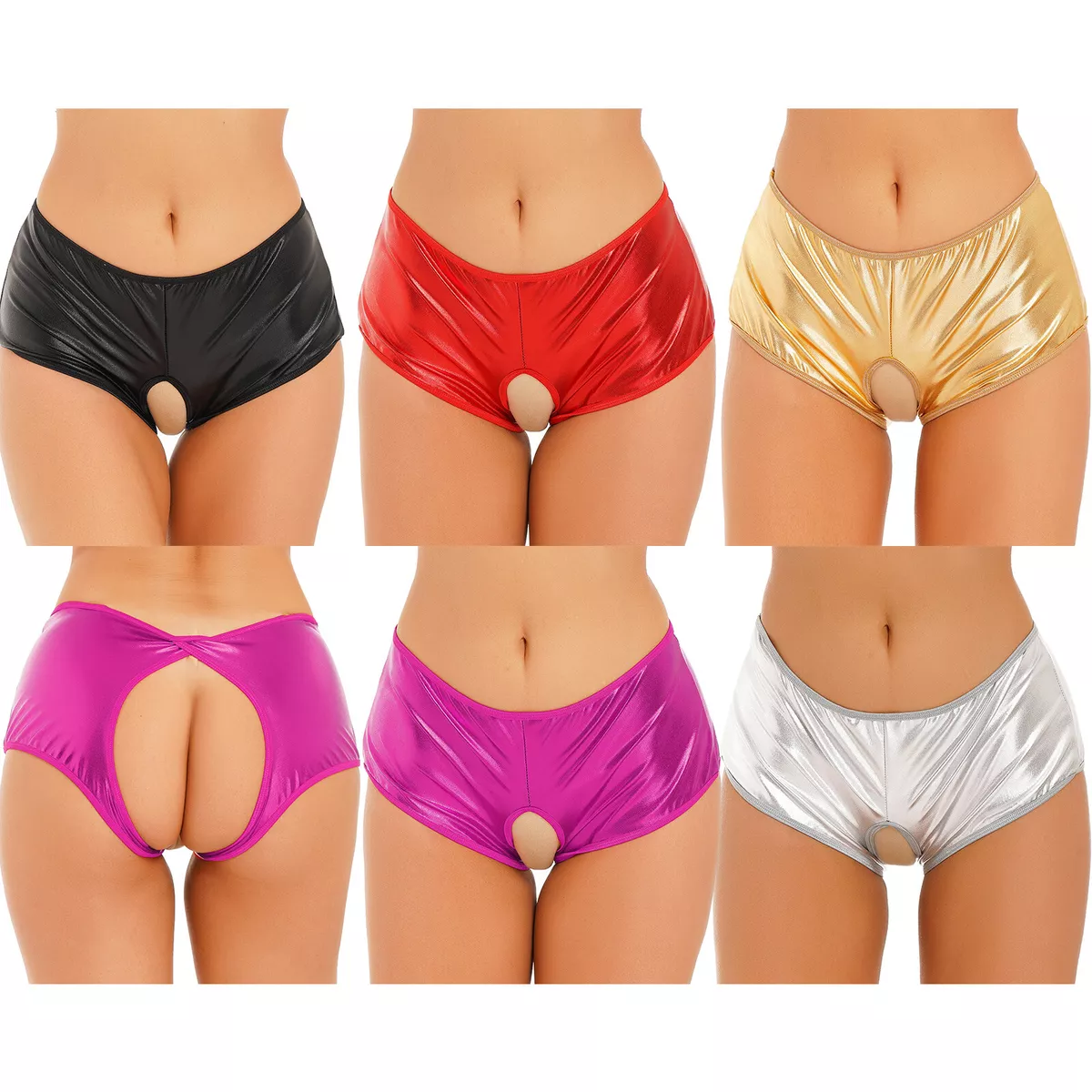 Women Metallic Hollow Out Booty Shorts Low Rise Open Back Panty Dance  Bottoms