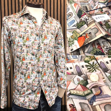 ETON 37 14.5 S vtg INDIAN VILLAGE Pattern Floral Animal Print Mens Button Shirt