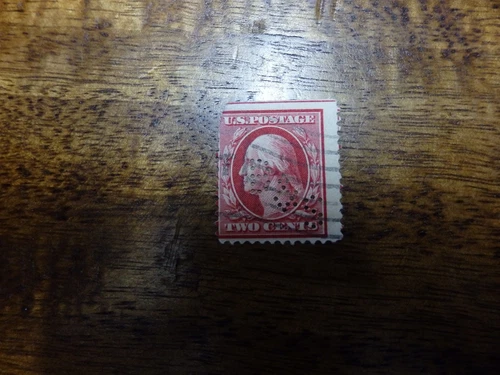 1908-1909 Us Two Cent Washington Stamp Error Off Center Perf 12 Perfin B&S