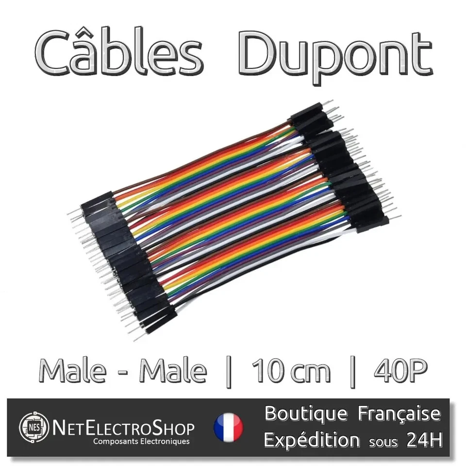 40x Cables Dupont 10cm Male/Male pour BreadBoard Arduino, Raspberry Pi