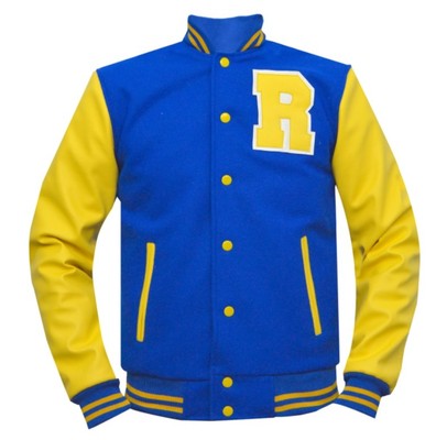 New Men KJ Apa Riverdale Archie Blue Front Baseball Varsity Rib Knit Wool Jacket