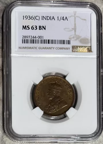 1936 (C) Calcutta British India 1/4 Anna NGC MS63BN
