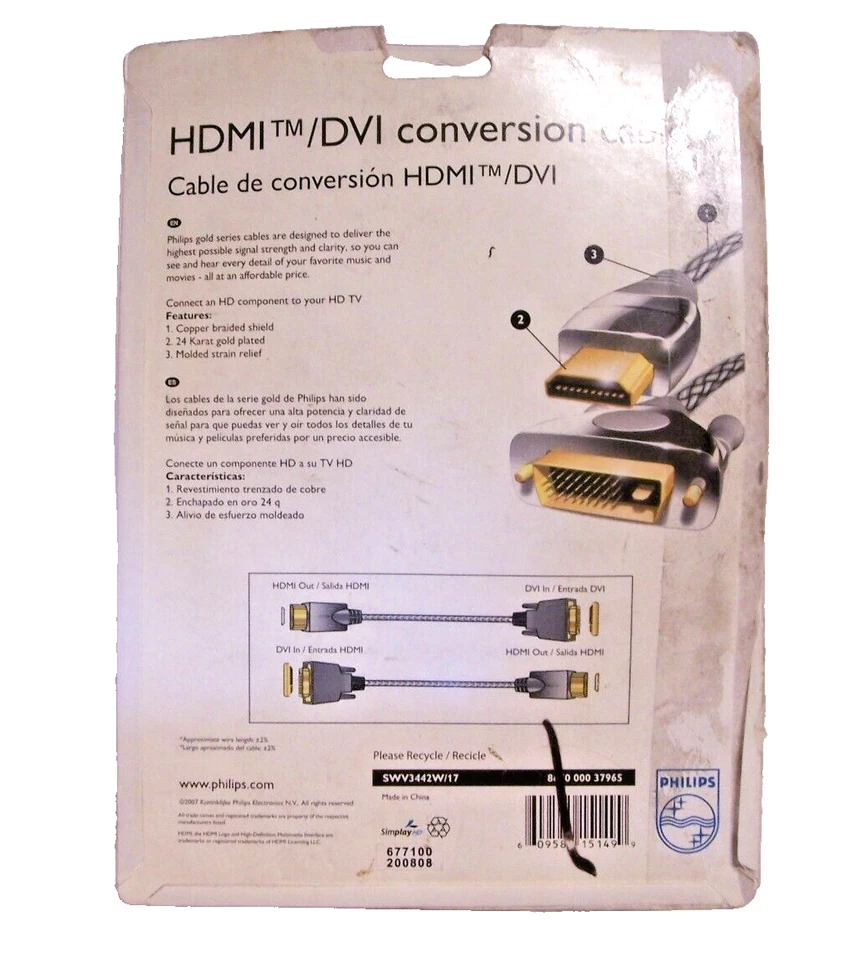 Cable de conversión Philips HDMI DVI video HDTV 24K DVD 6 pies ENVÍO GRATUITO Foto 2 de 2