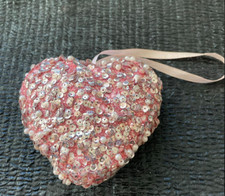 Large Heart Shaped Pink Sequined Ornament Ribbon Romance Love Hearts