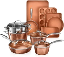 Gotham Steel Hammered 15 Pc Ceramic Cookware Set Nonstick, Deep Copper Pots and
