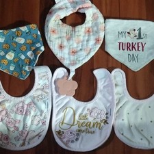Baby Girls Bibs Lot of 6, Muslim Style with Teether, Terry Cloth Bandana Bibs