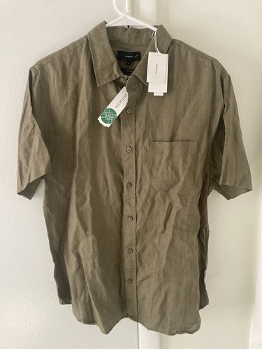 Vince NWT Men’s Medium Linen Button-Up Shirt Short Sleeve Olive Classic Fit