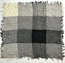 Houndstooth Plaid Stripe Square Scarf W/Fringe Black Ivory Made In India Classic