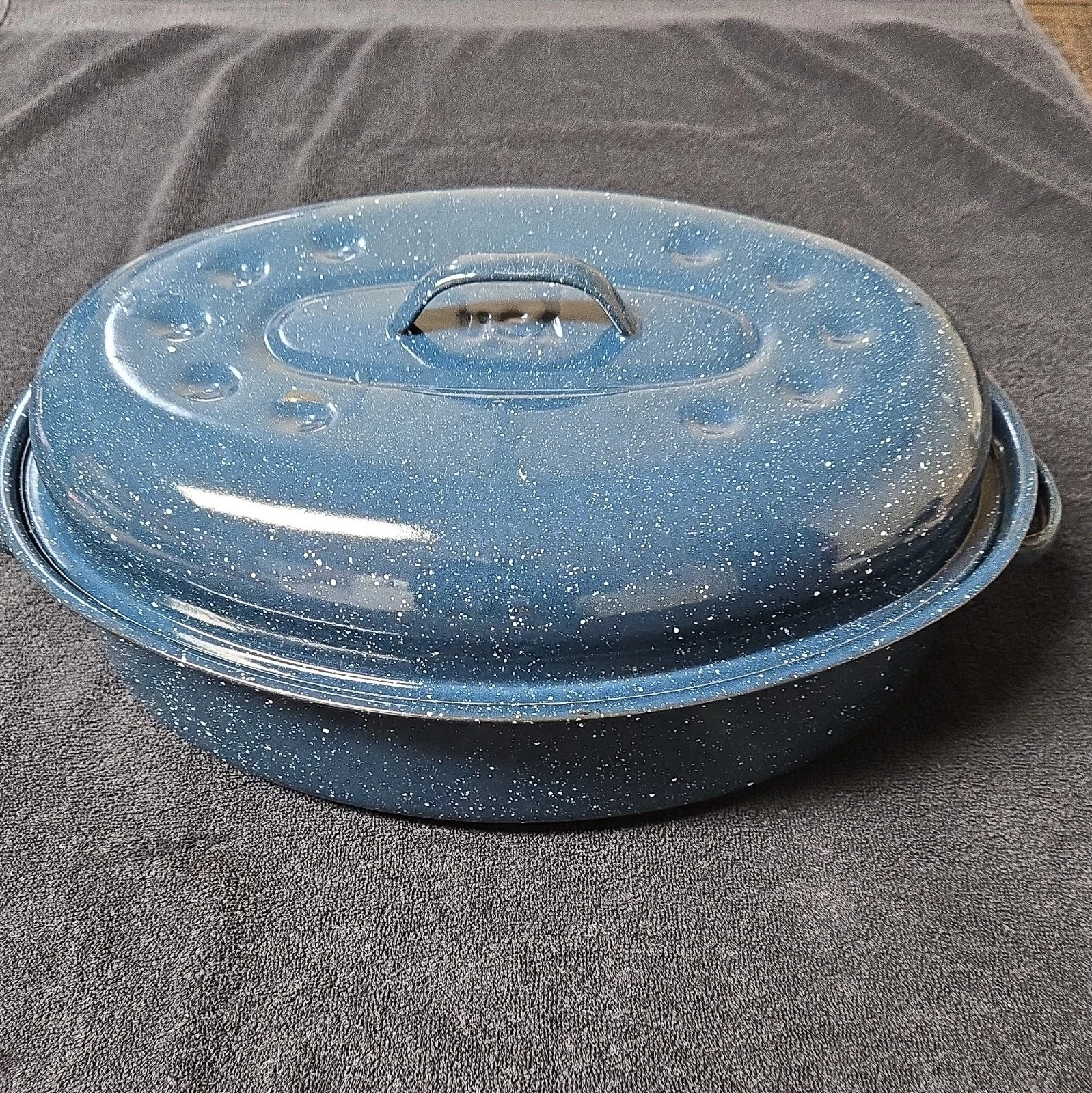Blue White Enamel Oval Roasting Tray with Lid, Oven Safe for Electric Gas