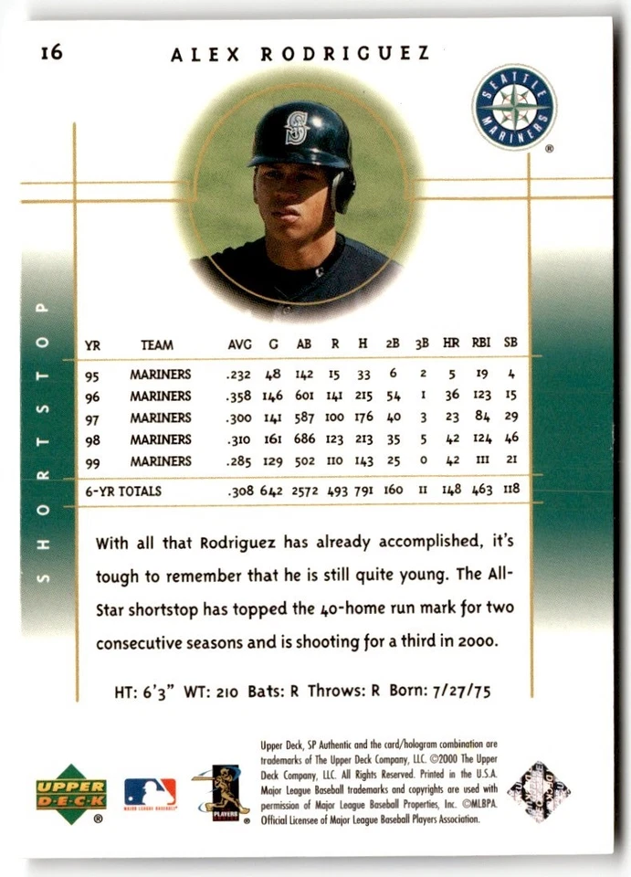 Alex Rodriguez 2000 SP Authentic #16 Seattle Mariners - Image 2 of 2
