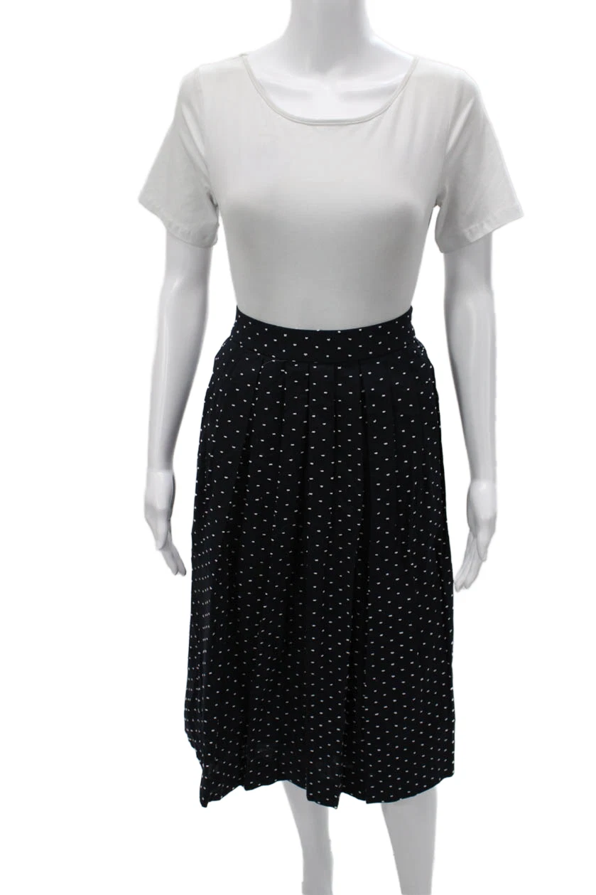 J Crew Womens Pleated Polka Dot Cotton Midi Skirt Black Pull On Size M