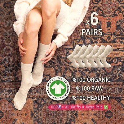 6 Pairs Set of 100% Organic Cotton Socks for Women - GOTS Certified Dye Free
