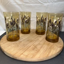 Set of 4 MCM Libby Drinking Glasses Amber Wheat Flower  Retro