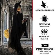 Large Haunted Hill Farm Witch on Broom Animatronic w/ 4 Greetings & Lights NEW!