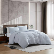 Queen Size Ultra-Soft Waffle Duvet Cover Set with Pillowcases - Solid Blue