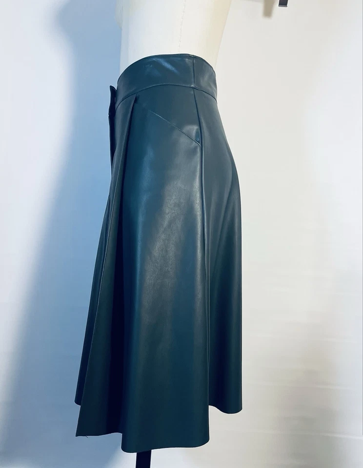 ZARA Bosque Verde Imitación Cuero Costuras Bolsillos Línea A Hasta la Rodilla Falda Talla L Foto 4 de 4