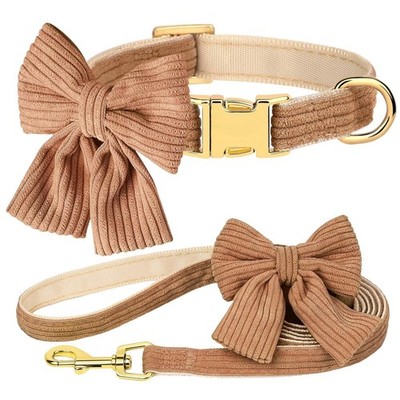 Brown Bowtie Dog Collar Leash Set Metal Buckle Adjustable Size S