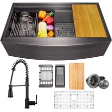 AKDY 33"x22" Matte Black Farmhouse Apron Kitchen Sink Set w/ Faucet Stainless