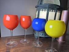 4 Multi Color Glass Wine Glasses Set Stemware Vintage
