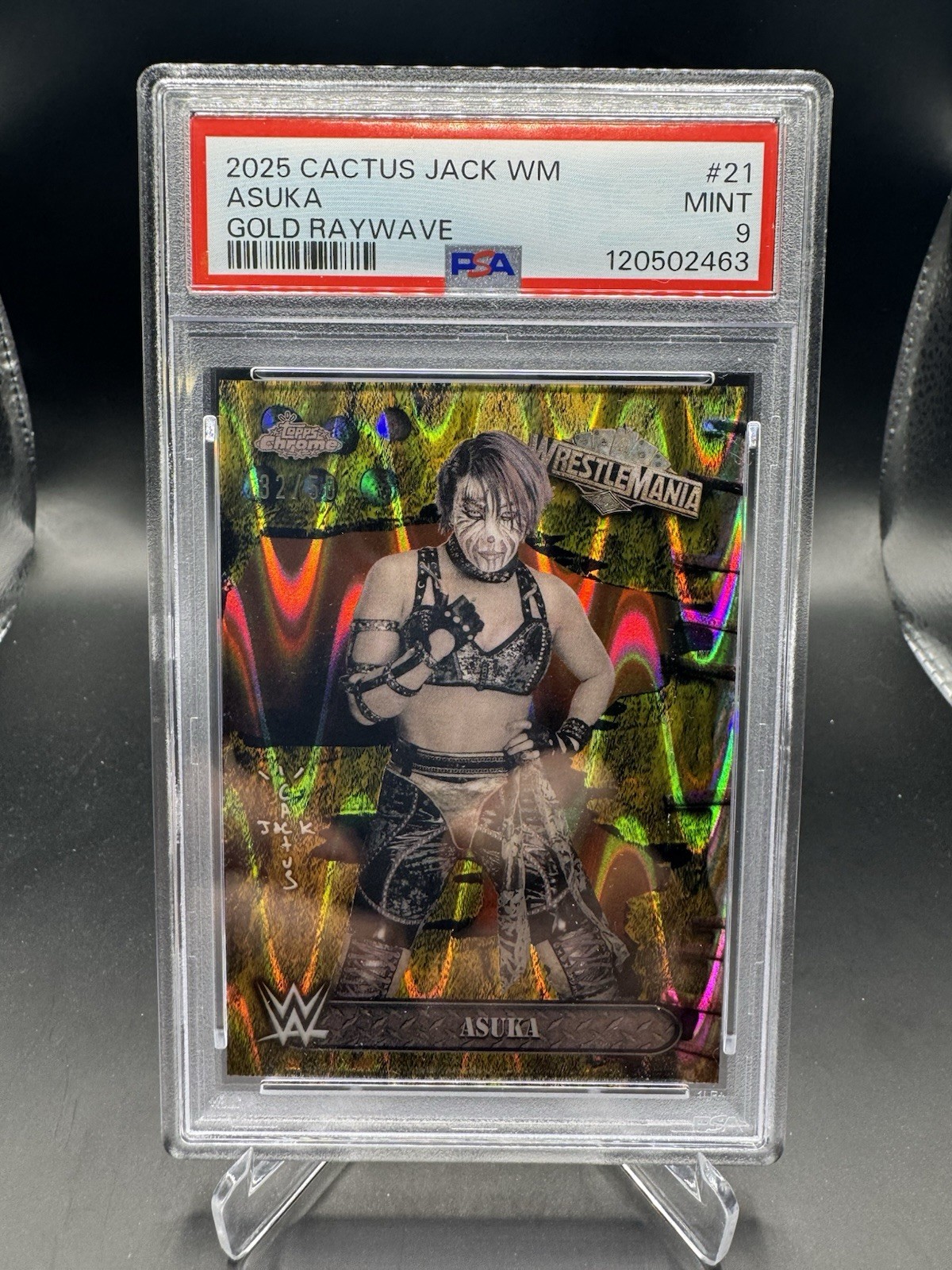 2025 Topps Chrome WWE x Cactus Jack Asuka Raywave Gold Refractor #/50 PSA 9 view 1