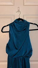 Blue Solid Satin Cowl Neck Sleeveless Maxi Dress Draped Button Closure, Small