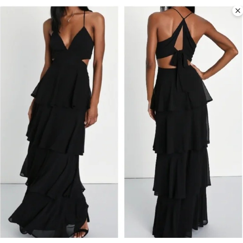 Lulus Dress Women M Black Tier and Now Tie Back Tiered Maxi Cutout