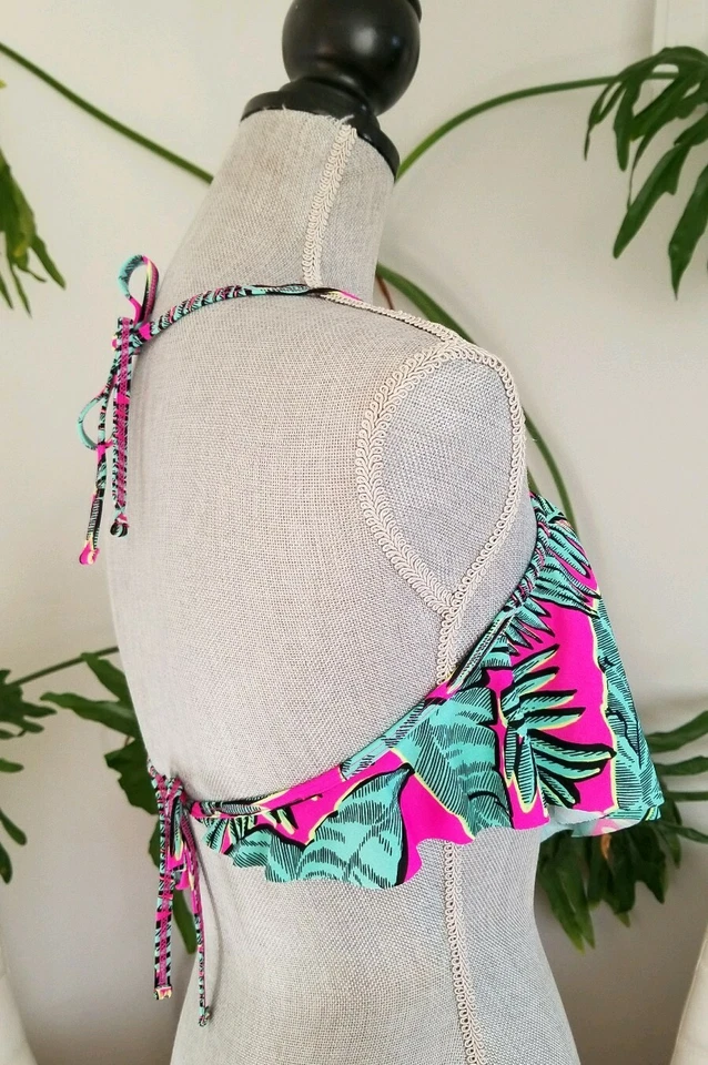 LA Hearts Women's Bright Floral Print Bandeau Bikini Top w Ruffle Bust Flouncy M - Image 3 of 4