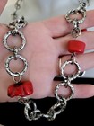 FAB! BRUTALIST MODERNIST QUALITY RED CORAL BEADS SILVER LINKS STATEMENT NECKLACE — photo 3