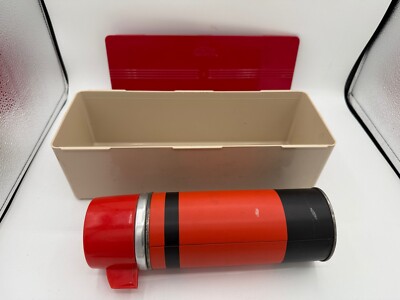Vintage Thermos in Outer Plastic Case / Red / Black with top Cup