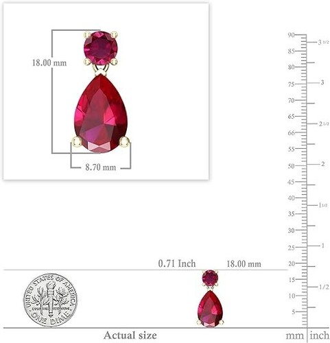 12x8mm Pear & Round Created Ruby Teardrop Dangle Earrings for Her in SILVER 925 - Picture 3 of 4