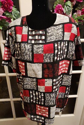 Notations 1X Silky Color Print Short Sleeve Padded Shoulder Blouse